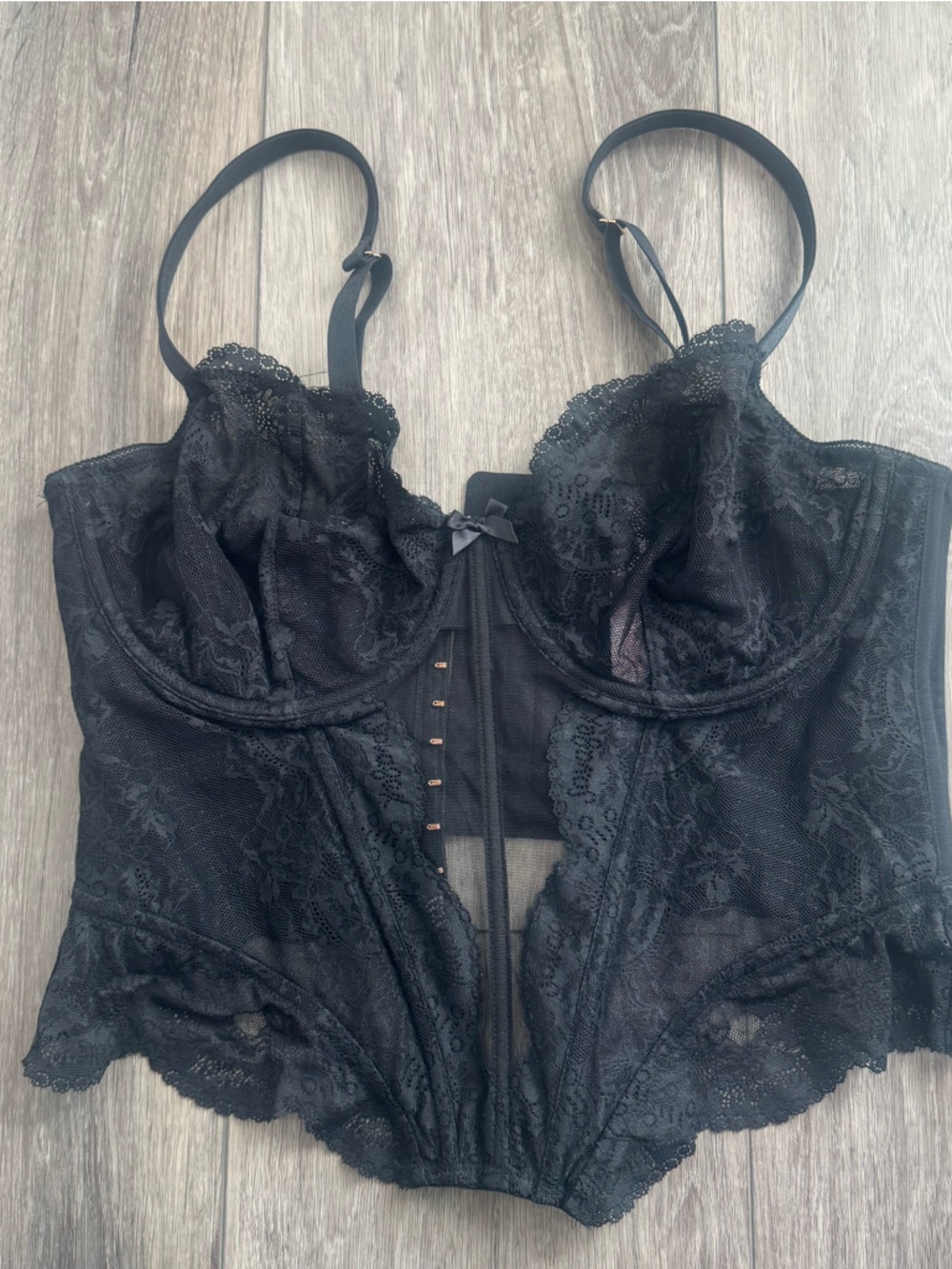 Savage X Fenty Black Lace Longline Bustier with Hook-and-Eye Back